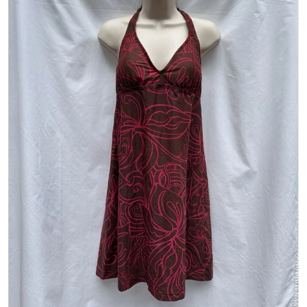 Athleta Women’s Halter Top Sundress Brown with Red Floral Print Padded  Sz M